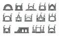 Bouncy inflatable castle. Tower and equipment for child playground. Jumping house sign. Glyph vector silhouette icons