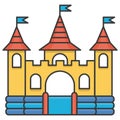 Bouncy inflatable castle. Tower and equipment for child playground. Vector line illustration