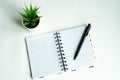 A bound notebook with a black pen and a potted flower Royalty Free Stock Photo