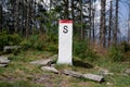 Boundary marker is marking border and borderline to Slovakia, foreign country and state