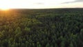 Boundless green forest lit by rising sun on wide river bank