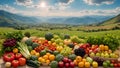Agricultural Display of Colorful Organic Vegetables and Abundant Fresh Fruits Overlooking a Valley and Mountains. Generative AI
