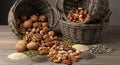 A bountiful assortment of nuts and seeds spilling from rustic baskets Royalty Free Stock Photo