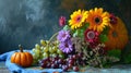 Bountiful Autumn Elegance: A Captivating Tabletop Still Life with Bouquet, Grapes, and Pumpkin Royalty Free Stock Photo
