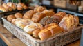 Bountiful Bakery Basket: Assorted Fresh Breads Overflowing on Fabric Display