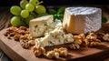 A Bountiful Display of Fresh Cheese and Nuts on a Wooden Board. Generative AI