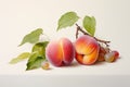 A bountiful display of plump, juicy peaches resting on a wooden table, ready for consumption, Two peaches and a grape branch on a