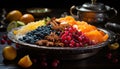 A bountiful display of vivid and juicy fruits on a stylish platter, eid and ramadan images