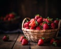 A Bountiful Harvest: A Basket of Fresh, Juicy Strawberries on a Rustic Wooden Table