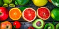 A Bountiful Harvest: Colorful Fruits and Veggies Displayed on Rustic Wooden Table. Generative AI Royalty Free Stock Photo