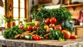 A bountiful harvest of fresh vegetables gathered in rustic kitchen setting on wooden table. Generative AI Royalty Free Stock Photo