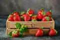 Bountiful harvest overflowing wooden crate of fresh ruby red strawberries in lush garden setting