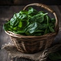Fresh and Healthy: Baby Spinach Leaves in Rustic Wicker Basket Royalty Free Stock Photo
