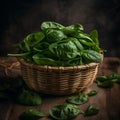 Fresh and Healthy: Baby Spinach Leaves in Rustic Wicker Basket Royalty Free Stock Photo