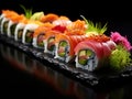 a bountiful sushi platter with various types of sushi rolls, sashimi, and nigiri, arranged beautifully on a traditional Japanese Royalty Free Stock Photo