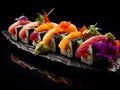 a bountiful sushi platter with various types of sushi rolls, sashimi, and nigiri, arranged beautifully on a traditional Japanese Royalty Free Stock Photo