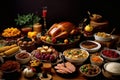 Bountiful Thanksgiving Feast on Table. AI