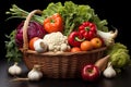 Bountiful veggie arrangement in a white basket tableau