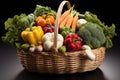 Bountiful veggie arrangement in a white basket tableau