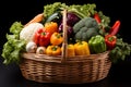 Bountiful veggie arrangement in a white basket tableau