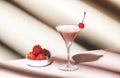 Bounty martini summer cocktail drink with vodka, liqueur, cream, strawberries and ice in glass with red cocktail cherry. Beige Royalty Free Stock Photo