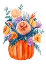 Bouquet of abstract flowers with pumpkin, autumn composition on isolated white background, watercolor illustration Royalty Free Stock Photo