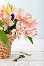 Bouquet alstroemeria in wicker basket
