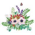 Bouquet of anemones and flying butterfly