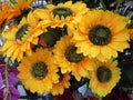 A bouquet of artificial fake yellow sunflowers on display