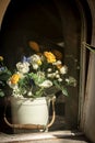 Artificial Flowers behind a Window Pane - Liguria Italy Royalty Free Stock Photo