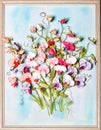 Bouquet of artificial wild flowers in a wooden frame as a 3D painting Royalty Free Stock Photo