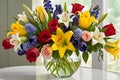 Bouquet of Assorted Flowers Including Red Roses, White Lilies, Purple Irises, and Yellow Tulips - Classic Elegance