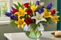 Bouquet of Assorted Flowers Including Red Roses, White Lilies, Purple Irises, and Yellow Tulips - Classic Elegance Royalty Free Stock Photo