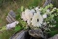 Bouquet of Assorted White Flowers Including Gerber Daisies, Roses, Peonies on Split Rail Fence Royalty Free Stock Photo