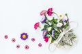 Bouquet of asters and dahlias in a mesh bag