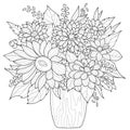 A bouquet of autumn flowers. Sunflowers and dahlias.Coloring book antistress for children and adults. Royalty Free Stock Photo