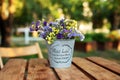 Bouquet of autumn flowers in vintage vase on wooden table in garden. Home decor in rustic style. Mother`s Day. Fresh Field summer Royalty Free Stock Photo