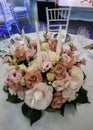 bouquet banket roses candles table flowers glass tablecloth