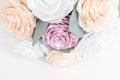 Bouquet, basket of flowers kanzashi from satin ribbons. Japanese traditional handmade decorations, pastel colors Royalty Free Stock Photo