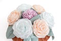 Bouquet, basket of flowers kanzashi from satin ribbons. Japanese traditional handmade decorations, pastel colors Royalty Free Stock Photo