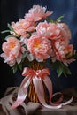 Bouquet of beautiful blooming peonies, vertical frame, idea for floral background, generated by AI