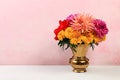 Bouquet of beautiful dahlias and marigolds on an old pink background in grunge style, abstract floral arrangement, spring or Royalty Free Stock Photo