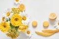 Bouquet of beautiful daisies on white background. Festive spring or summer card. Congratulations on mother`s day. Women`s Day.