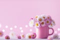 Bouquet of beautiful English daisy flowers in pink cup against sparkle background. Summer still life with little chamomile. Royalty Free Stock Photo