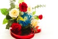 Bouquet of beautiful flowers and candy box close up on white background Royalty Free Stock Photo