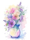 Bouquet of beautiful flowers in a glass vase isolated on white, watercolor retro style flower background Royalty Free Stock Photo