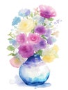 Bouquet of beautiful flowers in a glass vase isolated on white, watercolor retro style flower background Royalty Free Stock Photo