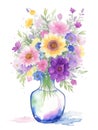 Bouquet of beautiful flowers in a glass vase isolated on white, watercolor retro style flower background Royalty Free Stock Photo