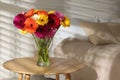 Bouquet of beautiful gerbera flowers on table indoors. Space for text Royalty Free Stock Photo