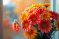 Bouquet of beautiful gerberas in a container. AI generated.